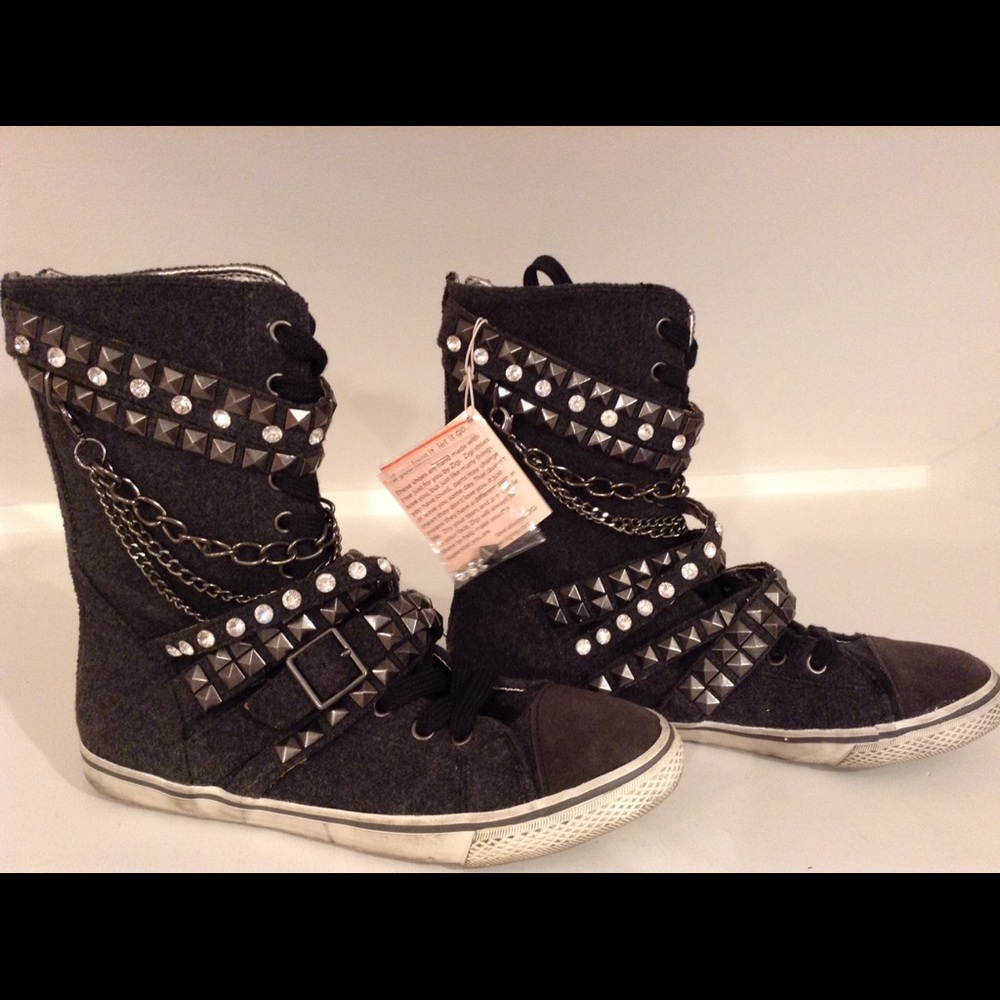 Studded Rhinestone Chain Gray Sneaker Boots